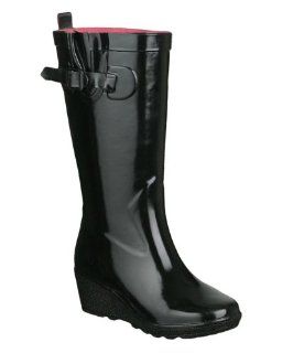 York Shiny Solid With Buckle And Gusset Ladies Wedge Rainboot Shoes