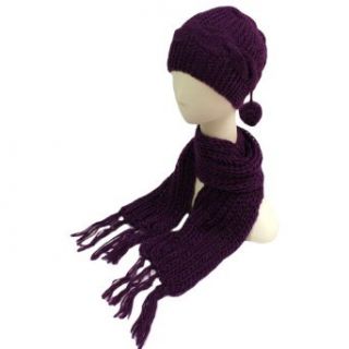Purple Thick Chunky Knit Ponytail Hat & Scarf Matching Set