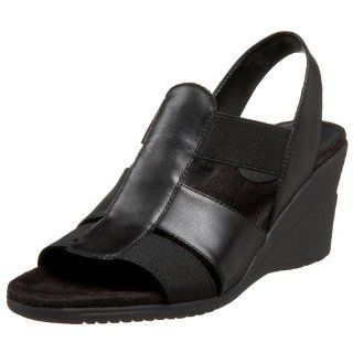 Womens Bus Stop Wedge Stretch Sandal,Black Leather,5 M US Shoes