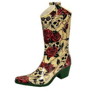 Roses & Skulls Cowboy Rubber Rain Boots Size 6 Shoes