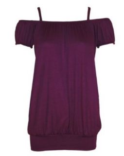 Ladies Purple Knit Shoulder Strap Tunic Top Short Sleeves