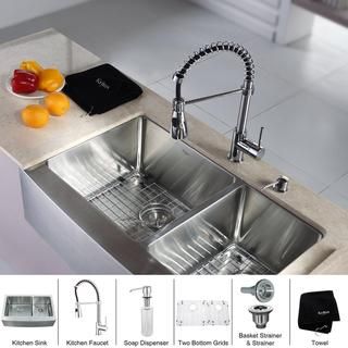 Kraus Stainless Steel Farmhouse Kitchen Sink, Chrome Faucet/ Dispenser
