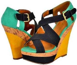 Qupid Finder 52 Black Women Wedge Sandals, 7 M US Shoes