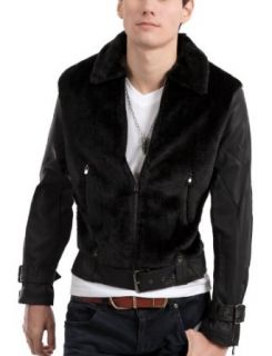 Doublju Mens Casual Belted Leather Fur Jacket Clothing