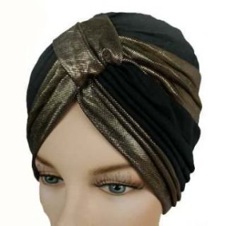 Glamorous Black & Gold Turban Hat Head Cover Sun Cap