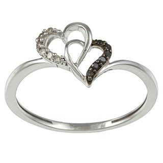 Sterling Silver Black and White Diamond Accent Twin Heart Ring