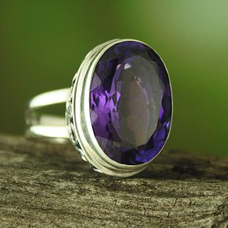 Handcrafted Faceted Amethyst and Sterling Silver Filigree Bali Ring