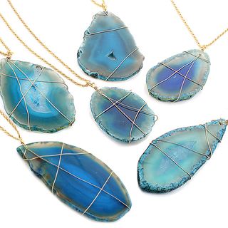 Goldtone Blue dyed Acrylic Stone Slice Necklace