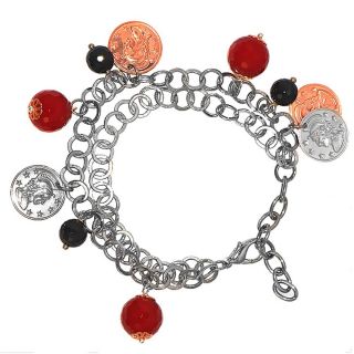 Adee Waiss 14k Gold over Steel Red and Black Agate Coin Charm Bracelet