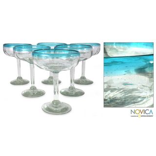 Set of 6 Blown Glass Aquamarine Margarita Glasses (Mexico