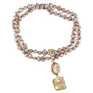 24k Gold Overlay Taupe Pearl Stretch Bracelet (6 mm) (USA)