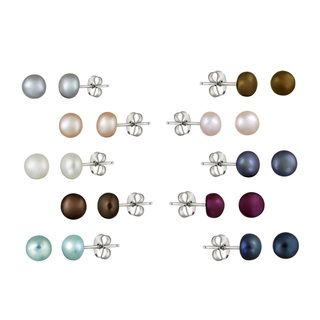 Glitzy Rocks Silver FW Pearl 10 pair Stud Earring Set (5 6 mm