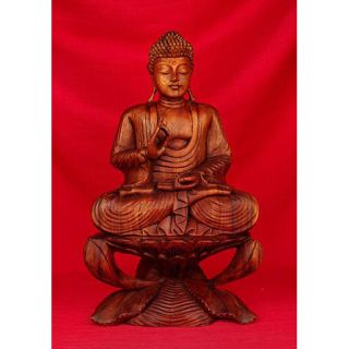 Wooden 20 inch Buddha Sitting on Lotus Sculpture (India)