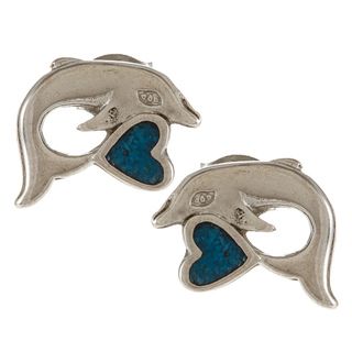 Southwest Moon Silvertone Turquoise Inlay Heart Dolphin Post Earrings