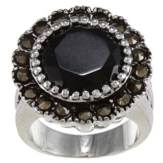 Marcasite and Round Jet stone Crystal High polish Silvertone Ring