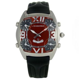Chronotech Mens Leather Globe Time Zones Red Dial Watch