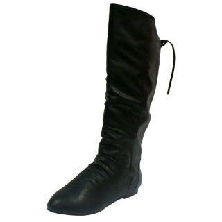  Black Flat Tall Faux Leather Boots With Tie Back Size 9 Shoes