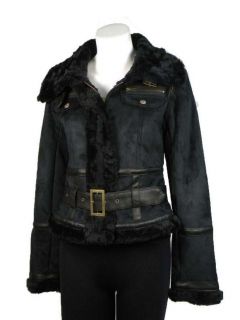 Basic Line Womens Black Faux Shearling Belted Jacket