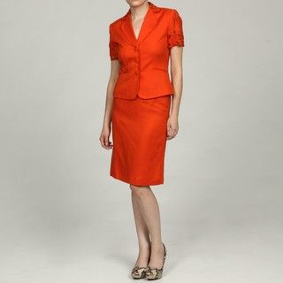 Tahari ASL Womens Orange Laser cut Skirt Suit