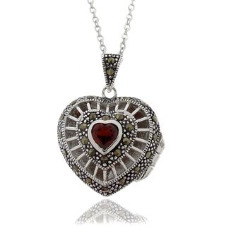 Gem Jolie Silver Overlay Garnet and Marcasite Heart Locket Necklace