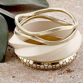 Set of 3 Brass and Wood Golden and White Skies Bangle Bracelets (India
