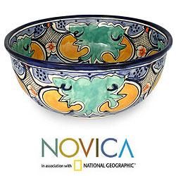 Ceramic Handcrafted Green Wave Serving Bowl (Mexico)