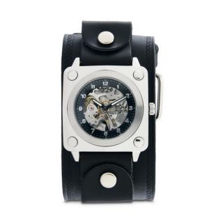 Nemesis Mens Black SQ Mechanical Wide Leather Band Watch