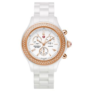 Michele Womens Jetway White Ceramic Diamond Rose Gold Watch