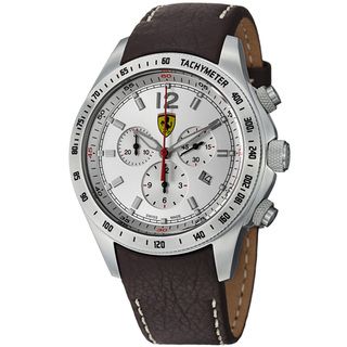 Ferrari Mens Scuderia Silver Dial Brown Strap Chronograph Watch