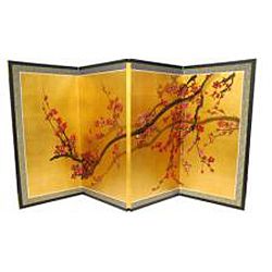 Silk and Wood 36 inch Plum Tree on Gold Leaf Wall Hanging (China