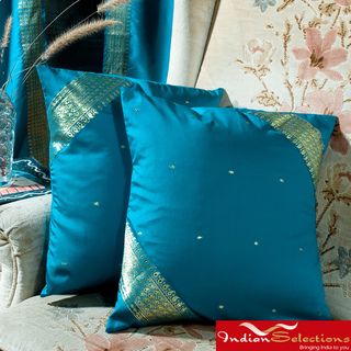 Set of Two Sari Fabric Decorative Turquoise Pillow Covers (India