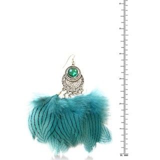 Silvertone Green Acrylic Stone and Fuzzy Green Feather Earrings