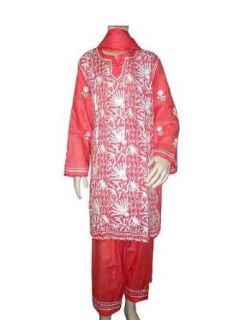 Girls Boho India Dress Cerise Red Cotton White Embroidered