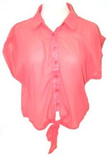 Gorgeous Ya Sheer Coral Button Down Blouse with Tie at