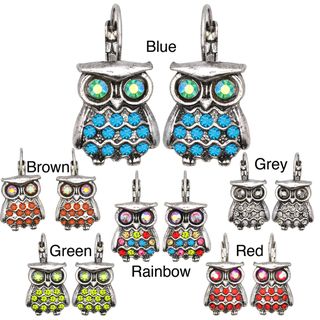 Kate Marie Silvertone Rhinestone Owl Design Earrings