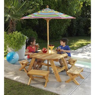 Octagon Table & 4 Benches with Multi striped Umbrella Childrens Patio