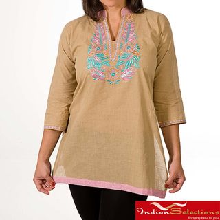 Womens Cotton Beige and Pink Collar Embroidered Kurti/ Tunic (India