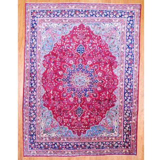 Persian Hand knotted Red/ Navy Mashad Wool Rug (96 x 126