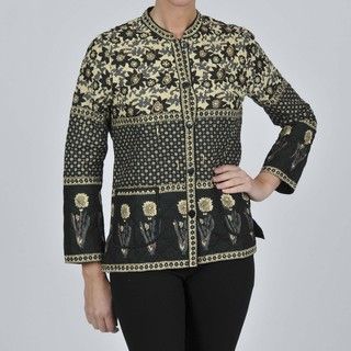 La Cera Womens Black Quilted Mandarin Collar Jacket