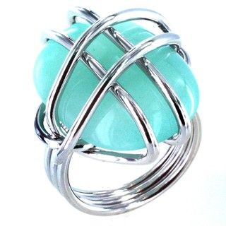 Silvertone Wire wrapped Aqua colored Stone Cocktail Ring