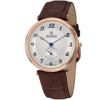 Grovana Mens Silver Dial Rose Gold Brown Leather Strap Quartz Watch