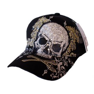 Black and White Womens Rhinestone Skull Trucker Hat
