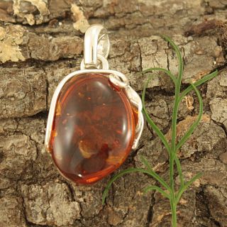 Sterling Silver Cognac Baltic Amber Leaf/ Vine Pendant ( Lithuania