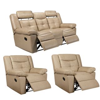 Cove Taupe Leather Reclining Sofa and Two Recliner Chairs