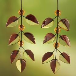 Sterling Silver Two Tone Baltic Amber Leaves Earrings (Lithuania