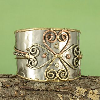 Handcrafted Hammered Brass/ Copper Cross Cuff Bracelet (India