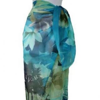 Blue Floral Pareo Sarong Big Scarf Wrap Swim Suit Cover