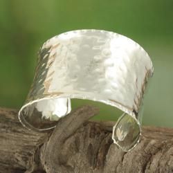 Handcrafted Silver Plated Wide Hammered Asymmetrical Cuff Bracelet