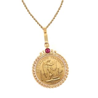 14k Gold Ruby French 20 Franc Lucky Angel Twisted Rope Bezel Gold Coin