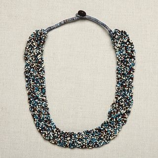 Brown, White and Blue Braided Glass Bead Necklace (India)